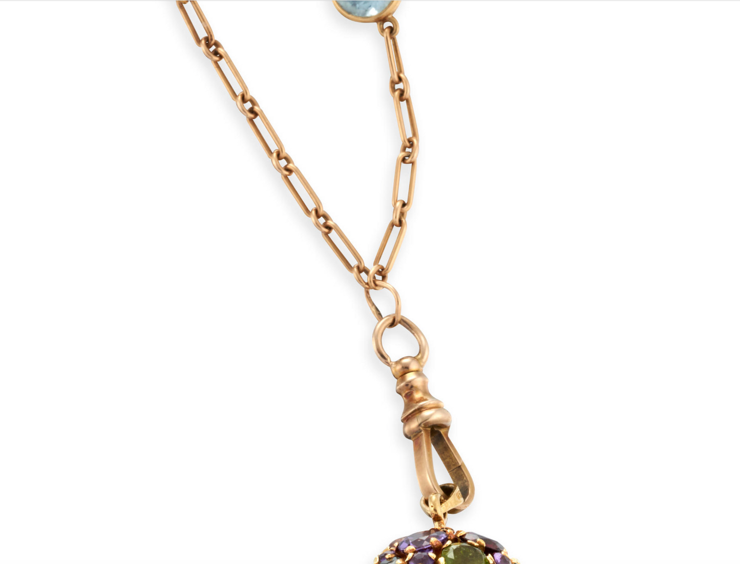 Antique 14K Aquamarine & Pearl Trombone Station Watchchain w multi gemstone fob