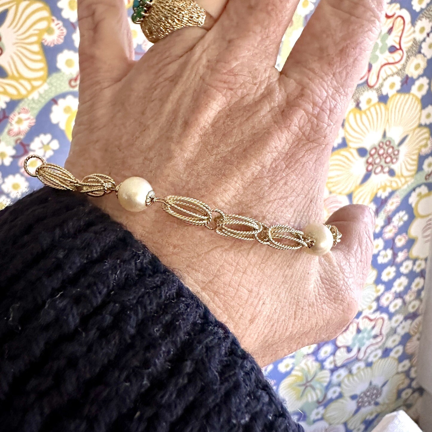 Vintage Retro 14k Gold Link And Pearl Bracelet 12g