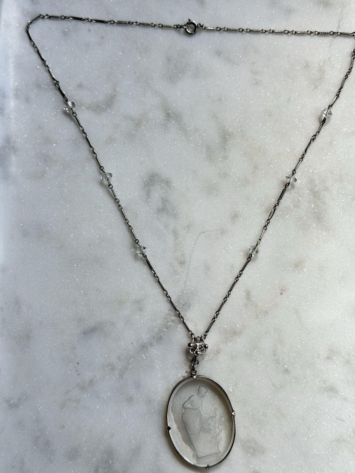 Neoclassical Cut Crystal Figural Pendant On Sterling Crystal Chain