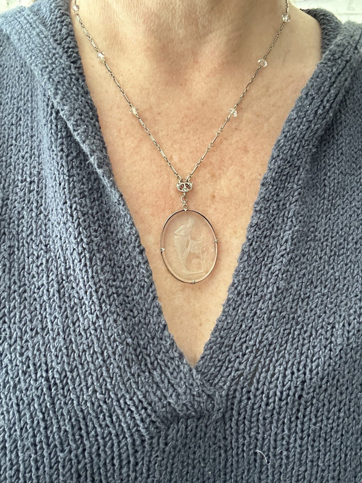 Neoclassical Cut Crystal Figural Pendant On Sterling Crystal Chain