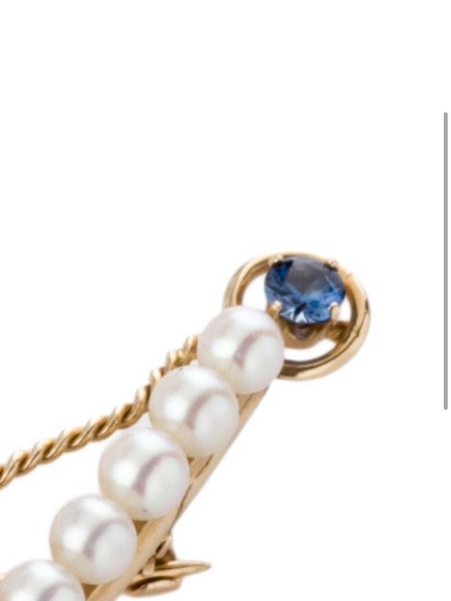 Intaglio round Essex crystal 14K Pearl & Sapphire Marlin Brooch