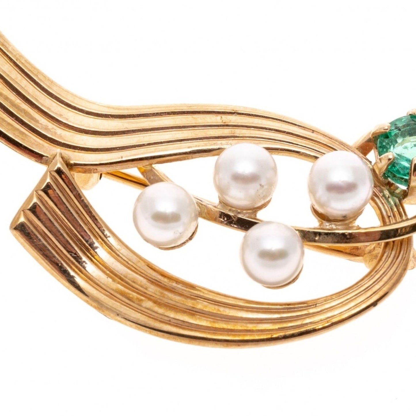 14k Van Dell yellow gold vintage pearl and emerald brooch