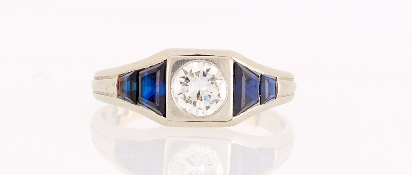 Antique Art DecoPlatnium .9 ct Old Euro Cut Diamond & Sapphire Ring