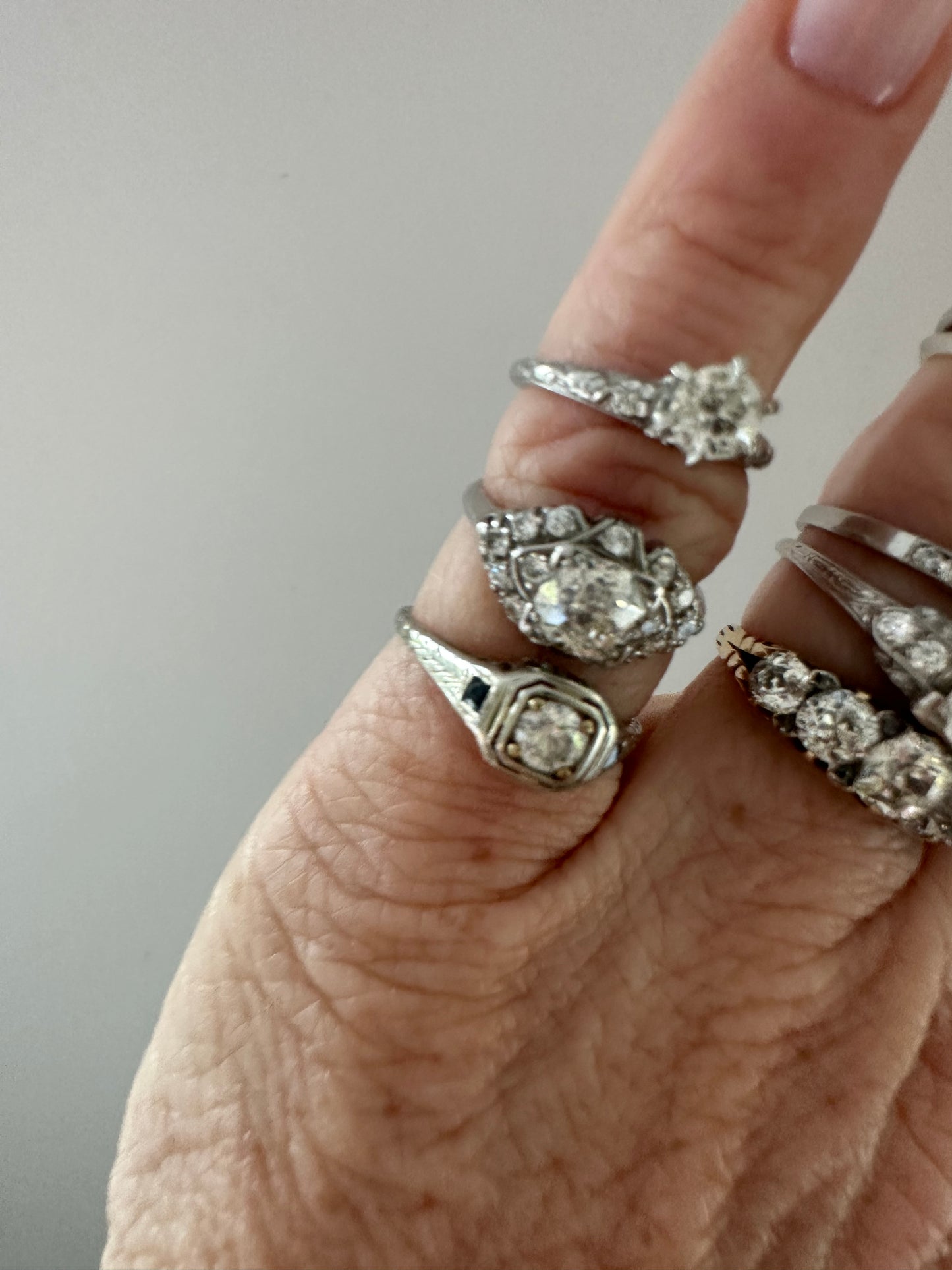 Art Deco 18k Forget Me Not OEC Diamond Solitaire with orange blossom band Size 5 please note IG prices less