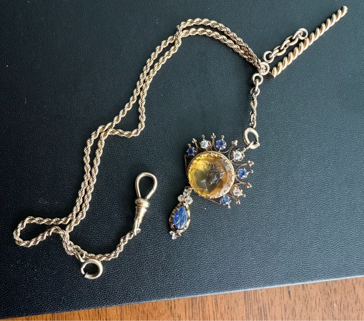 Victorian 10k watch chain with dog clip & Albert bar marked Simmons