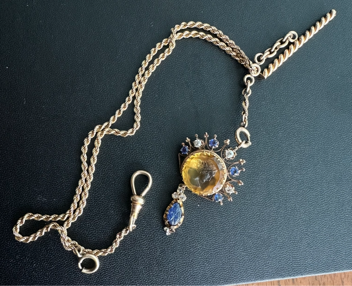 Victorian 10k watch chain with dog clip & Albert bar marked Simmons