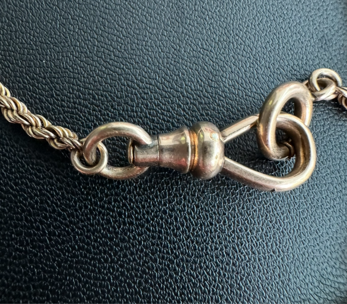 Victorian 10k watch chain with dog clip & Albert bar marked Simmons