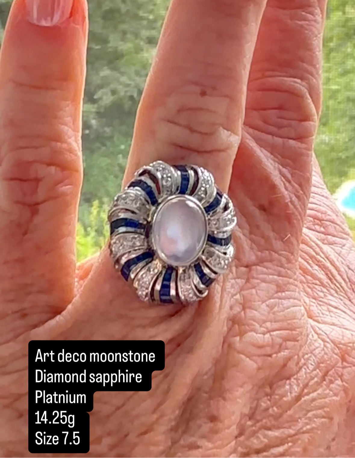 Art Deco Platnium Moonstone Diamond And Sapphire Ring