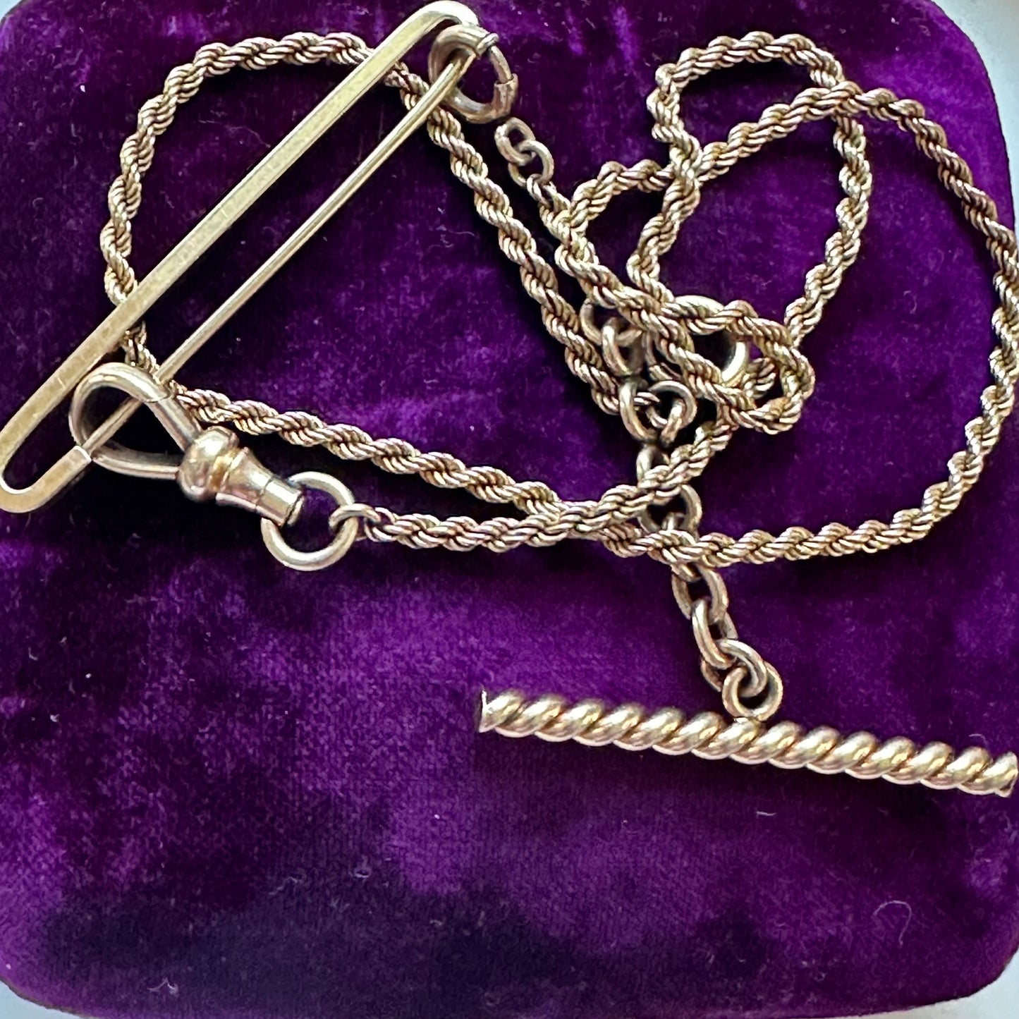 Victorian 10k rose gold watch chain w/dog clip & Albert bar - Simmons sold with 2 inch added plain 10k Victorian bar pin -18”