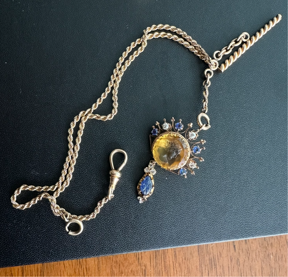 Victorian 10k watch chain with dog clip & Albert bar marked Simmons