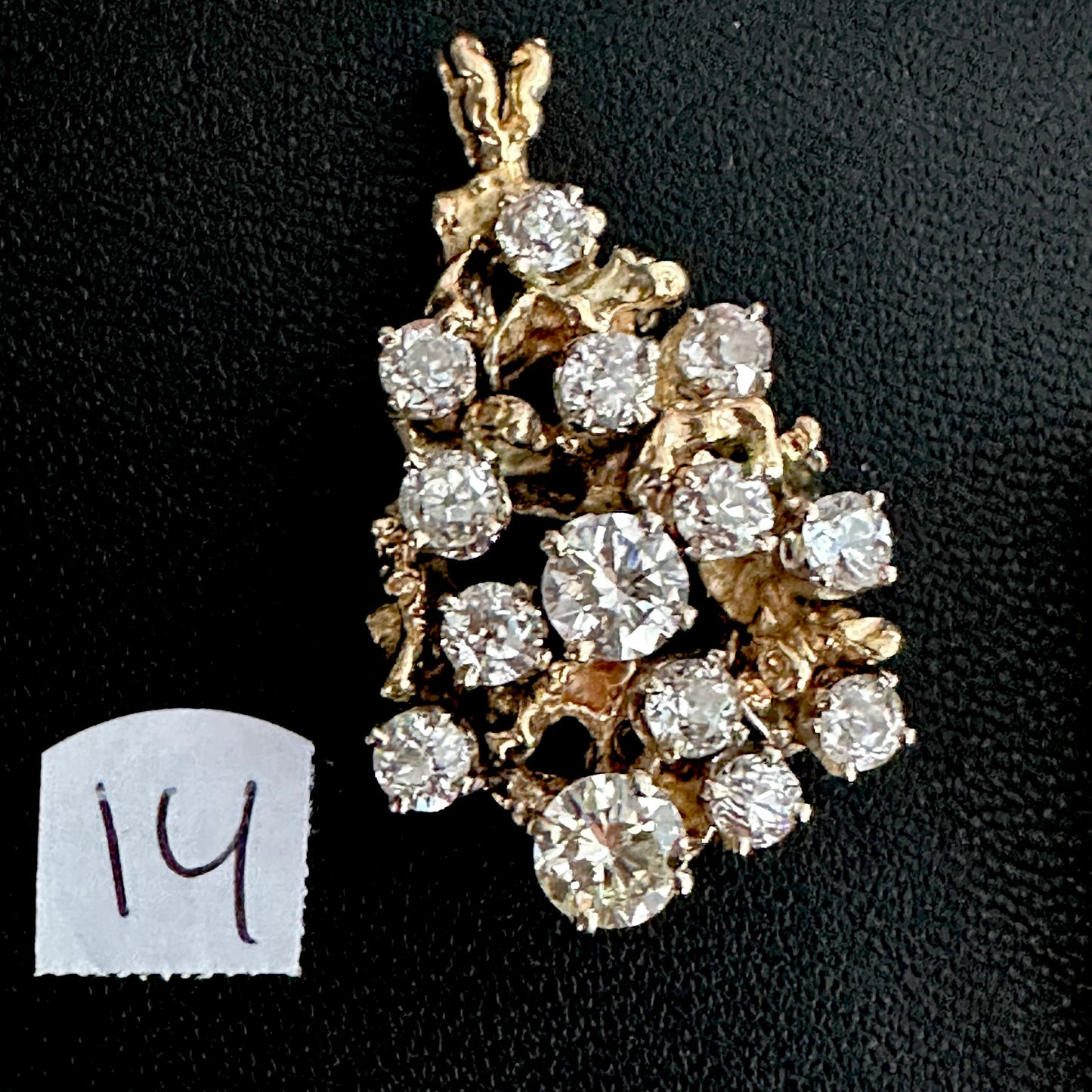Vintage 3.5 cttw Old cushion , old European and transitional diamonds in a 14k brutalist pendant