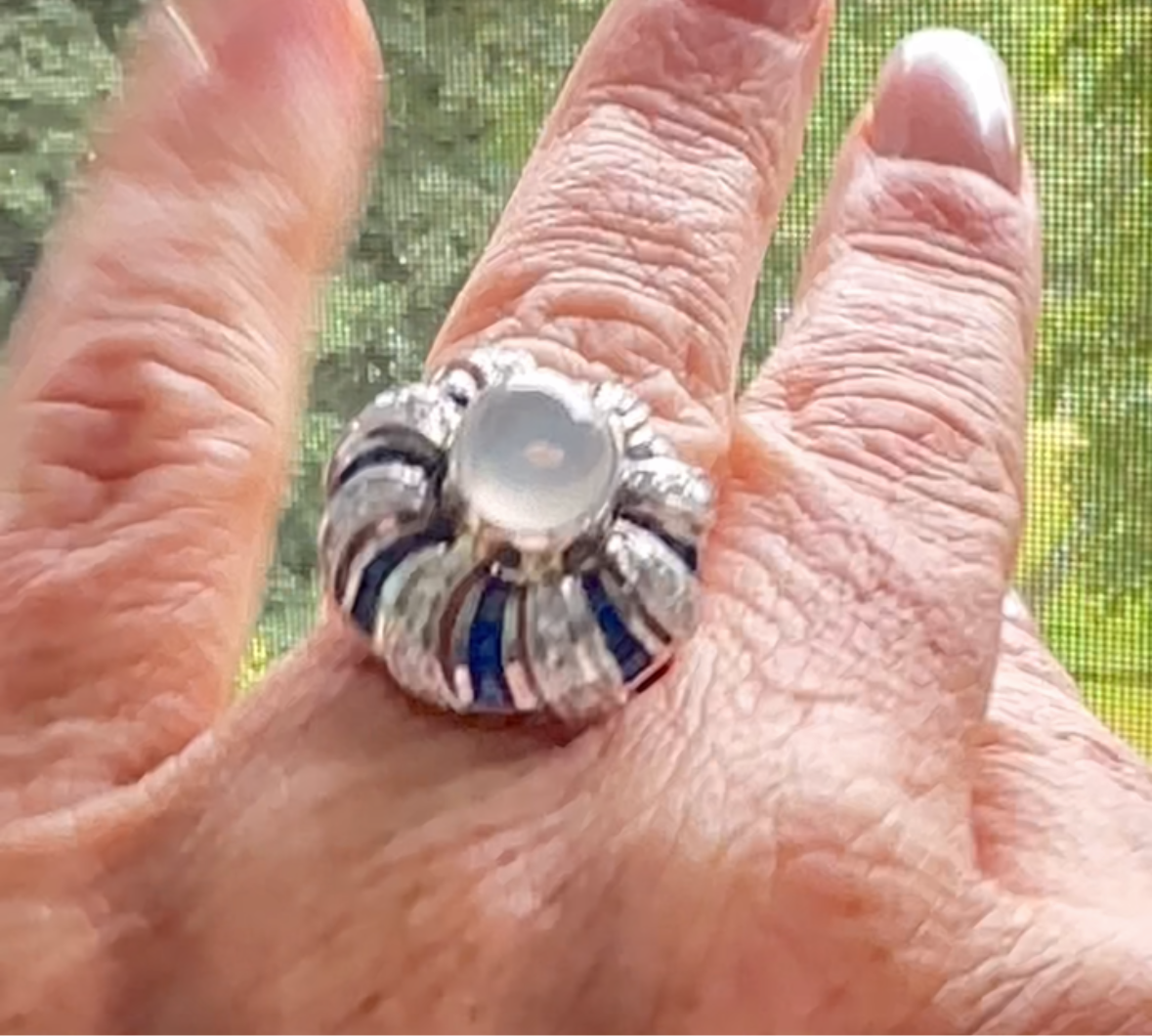 Art Deco Platnium Moonstone Diamond And Sapphire Ring