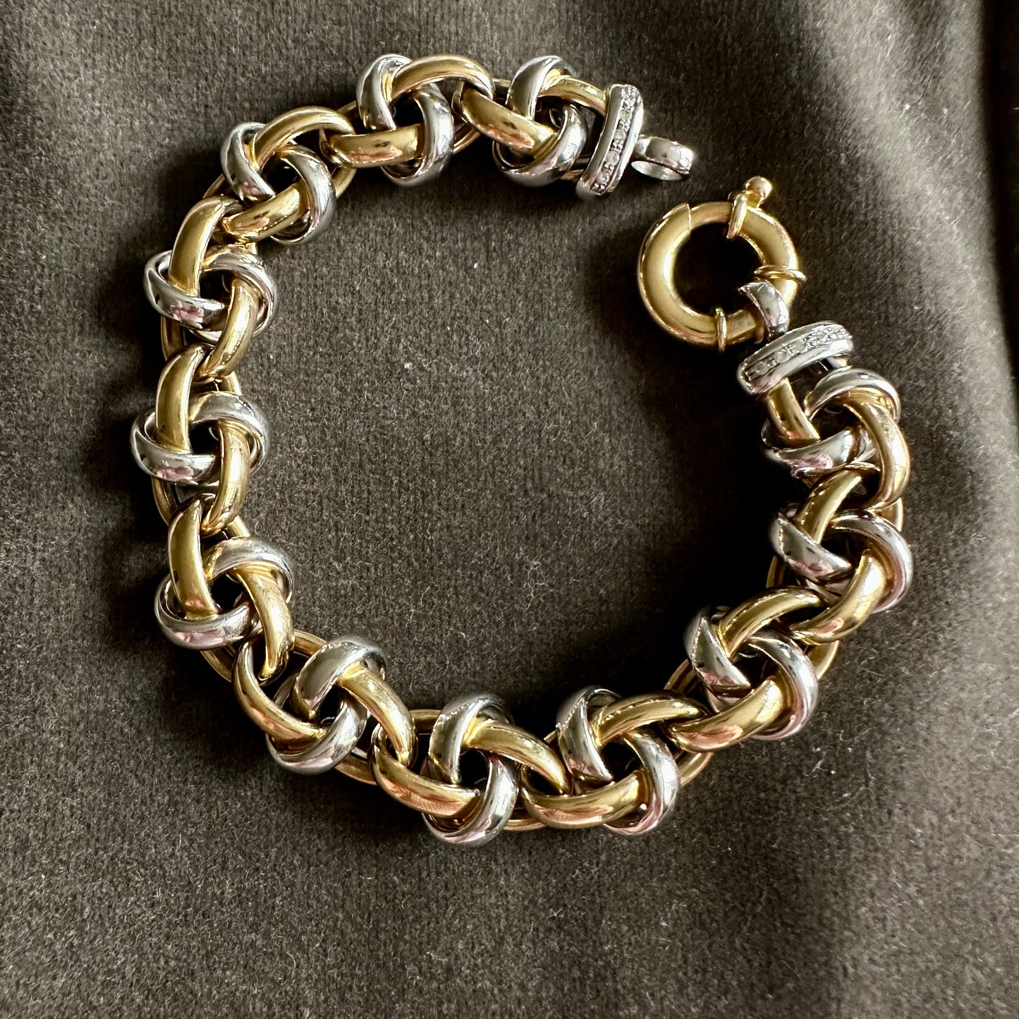 18k white and yellow gold oval link bracelet with toggle clasp and diamonds