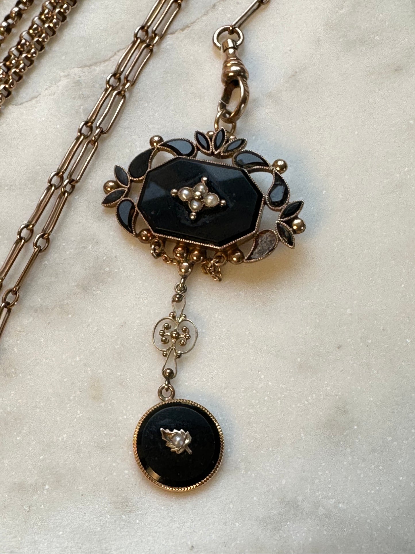 ANTIQUE 10K GOLD, CULTURED PEARL AND ONYX PENDANT on a rose gold mini trombone link chain 15" chain