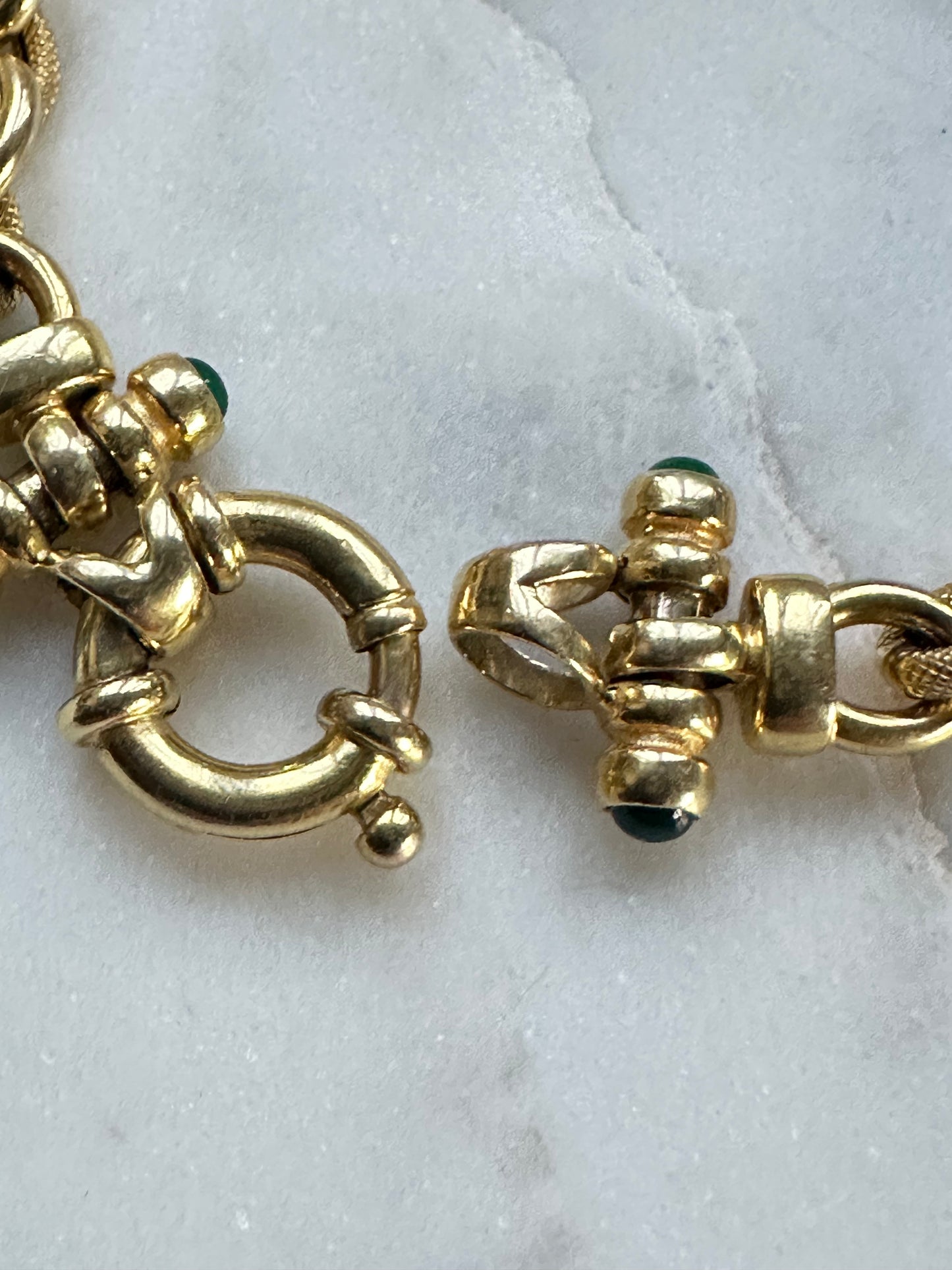 Italian 14k Gold fancy Link 1/2 textured with emerald accents end caps 7.25“