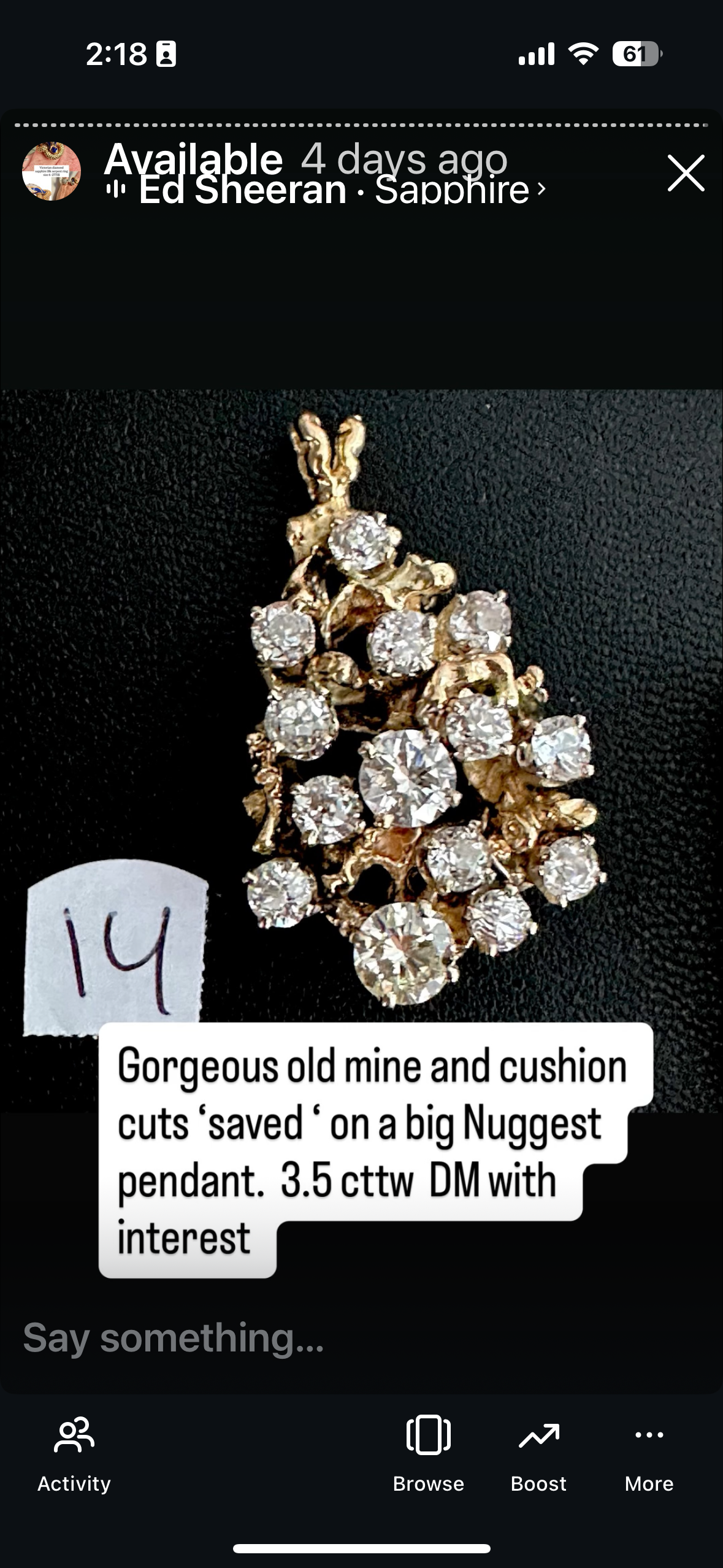 Vintage 3.5 cttw Old cushion , old European and transitional diamonds in a 14k brutalist pendant