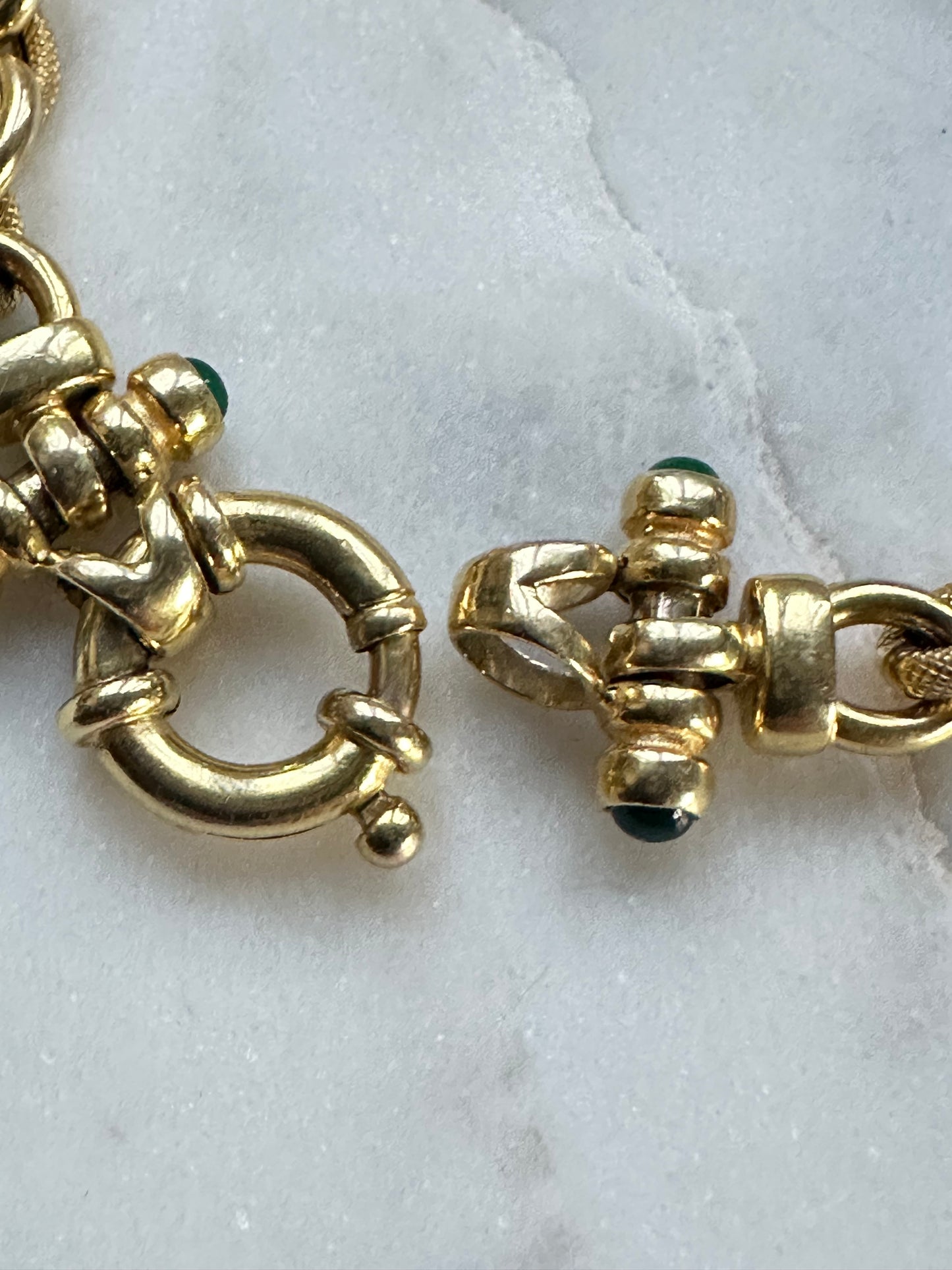 Italian 14k Gold fancy Link 1/2 textured with emerald accents end caps 7.25“