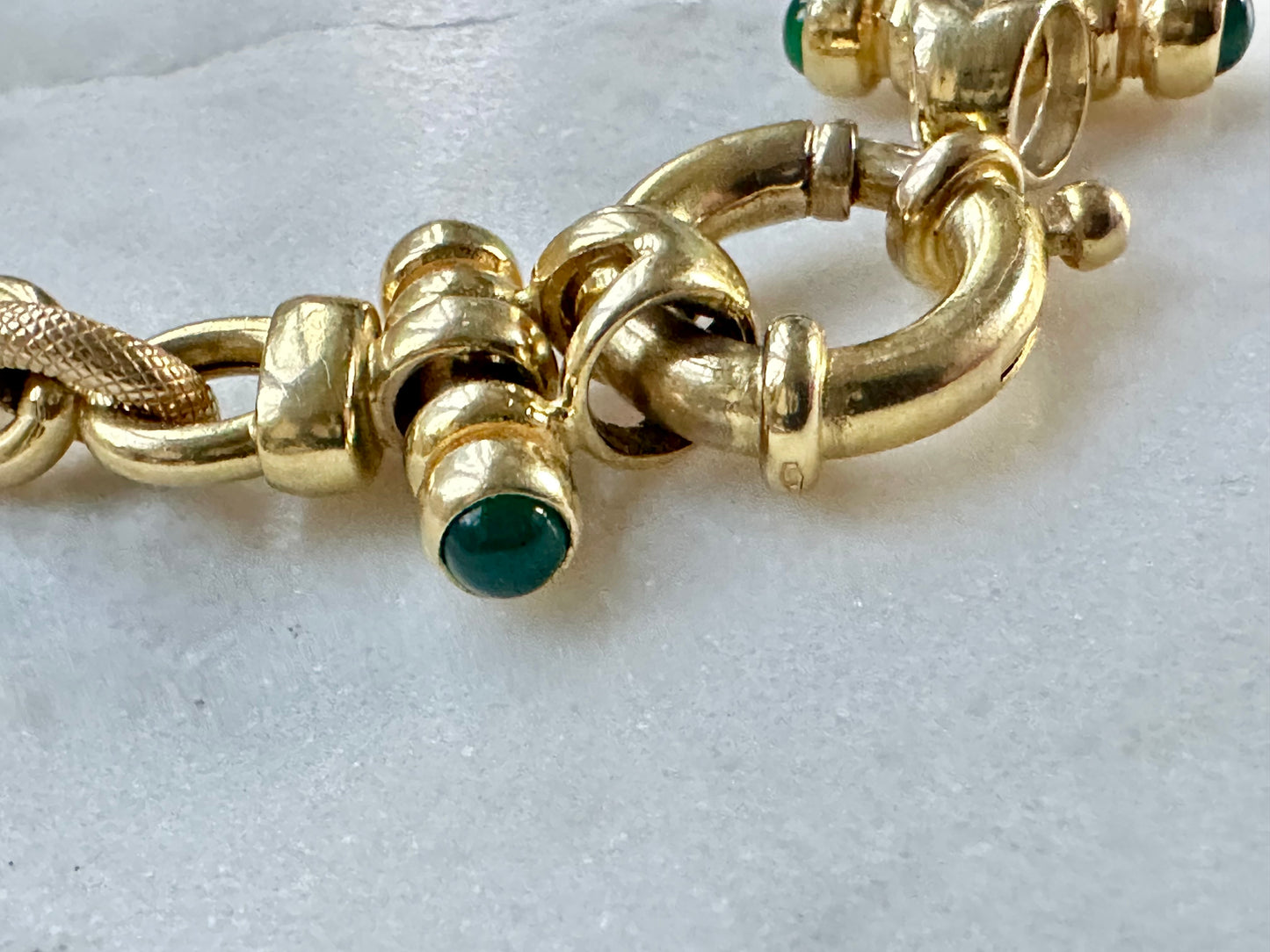 Italian 14k Gold fancy Link 1/2 textured with emerald accents end caps 7.25“