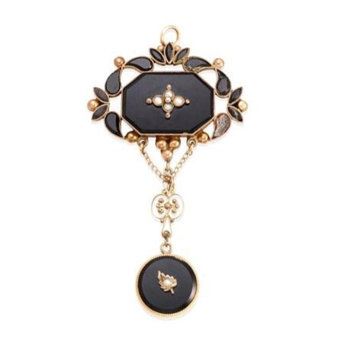 ANTIQUE 10K GOLD, CULTURED PEARL AND ONYX PENDANT on a rose gold mini trombone link chain 15" chain