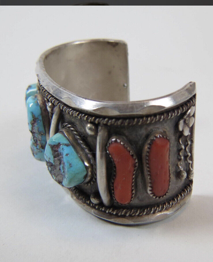 William B. Holmes Navajo Turquoise And Coral Cuff Bracelet