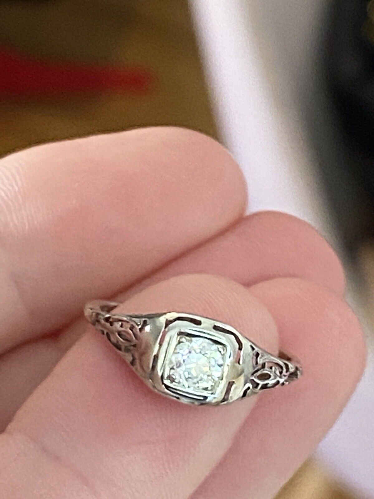 Vintage Antique .35CT Old Minor European Cut Diamond 14k White Gold Ring