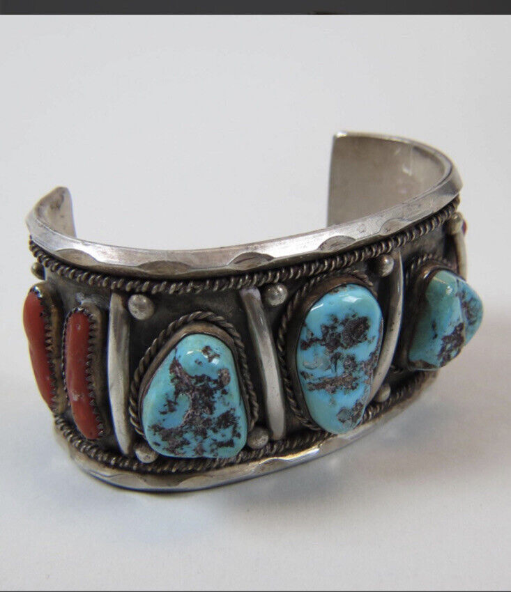 William B. Holmes Navajo Turquoise And Coral Cuff Bracelet