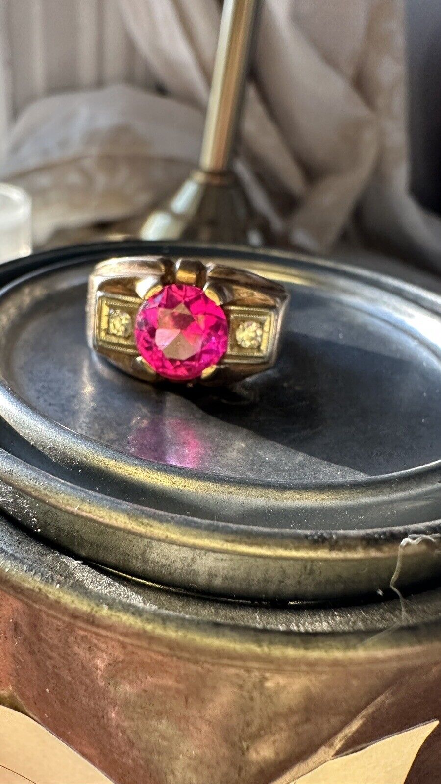 Art Deco 10k Gold Diamond and Lab Ruby