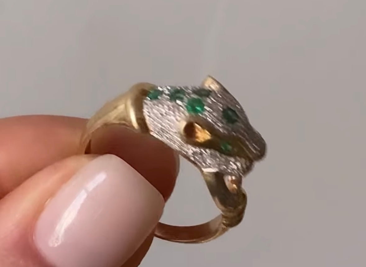 14k diamond and emerald panther ring