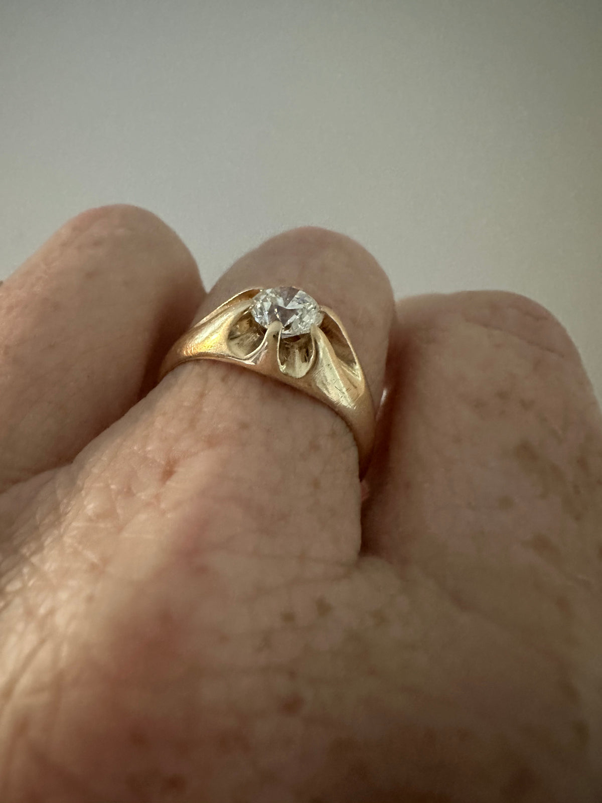 Belcher set old transitional cut diamond ring .75 ct