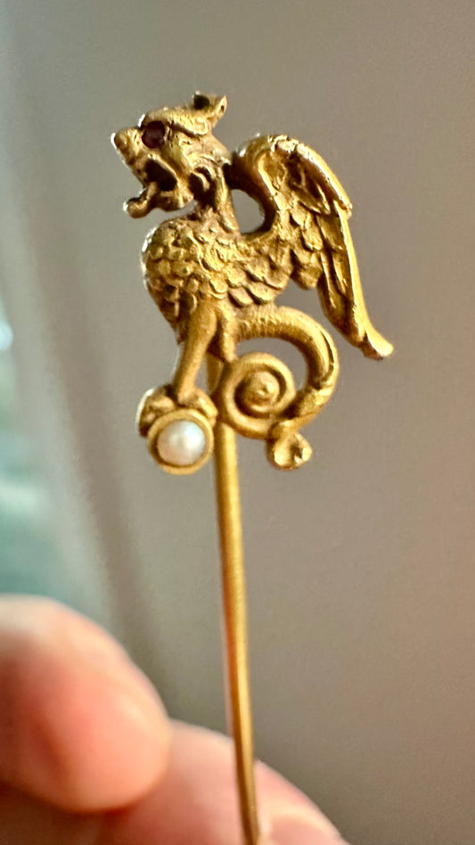 Detailed Winged Griffin Antique Stickpin in Gold with Rikers Bros marking & 14k stamps