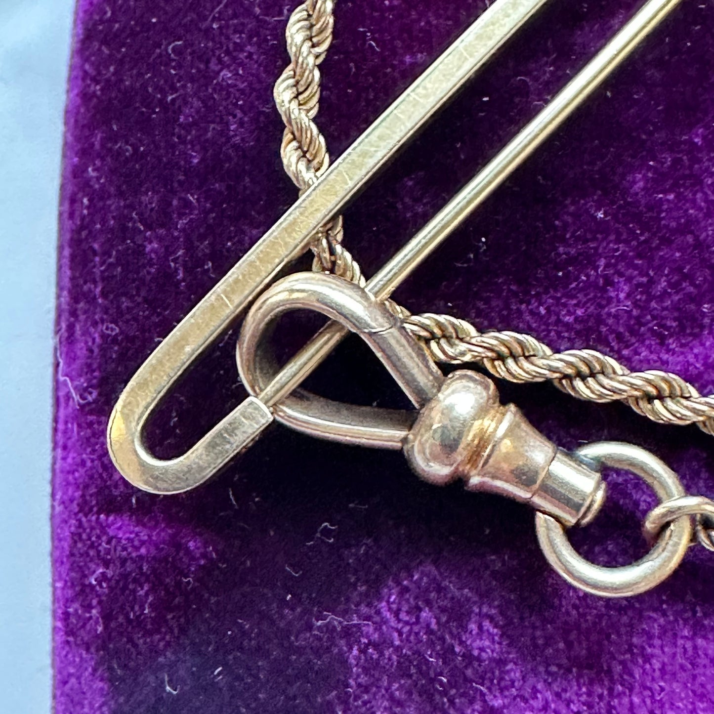 Victorian 10k rose gold watch chain w/dog clip & Albert bar - Simmons sold with 2 inch added plain 10k Victorian bar pin -18”