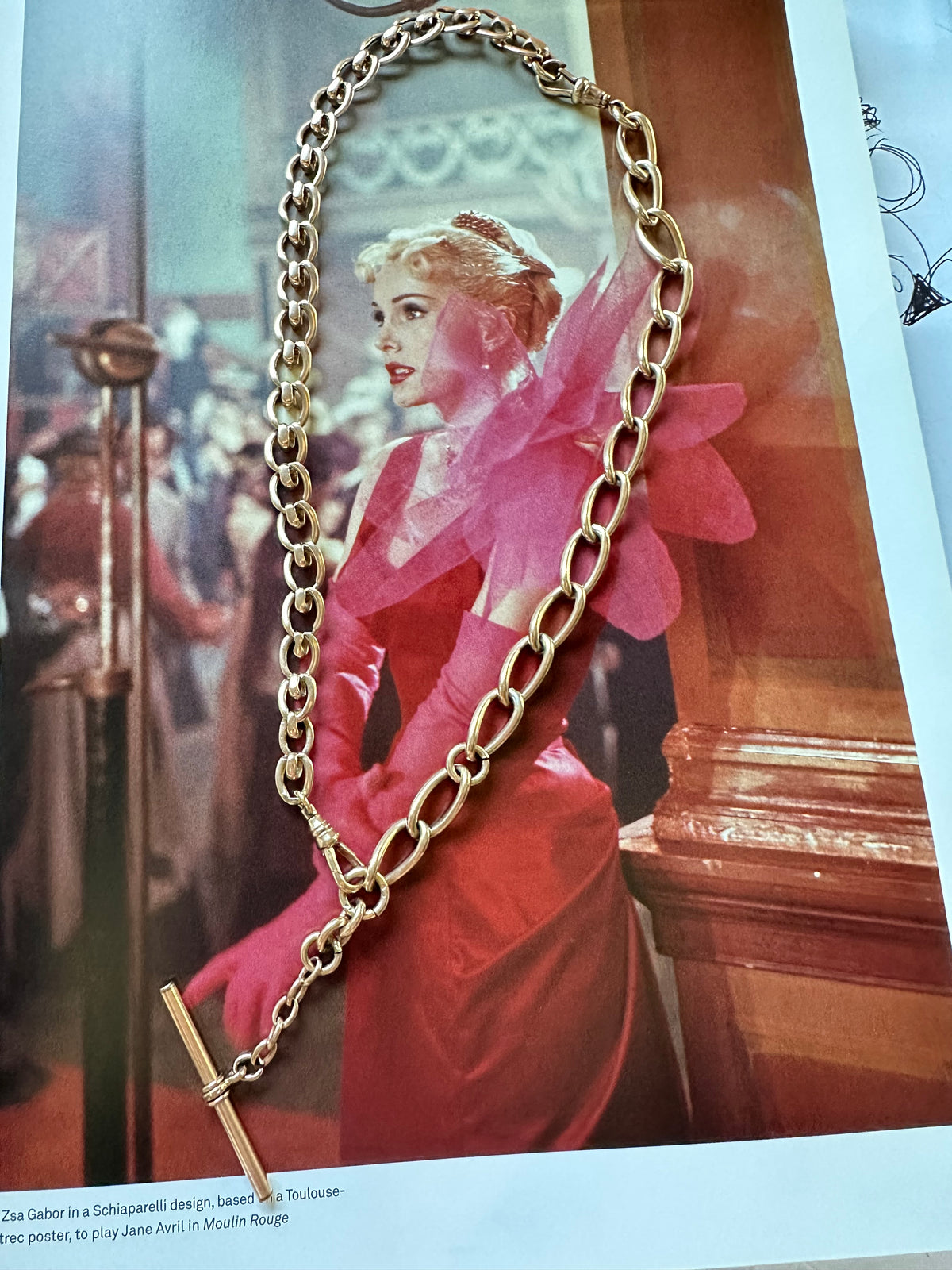 Antique open curb and fancy 9k gold watchchain 19”necklace with T bar and two swivel dog clips 44.5