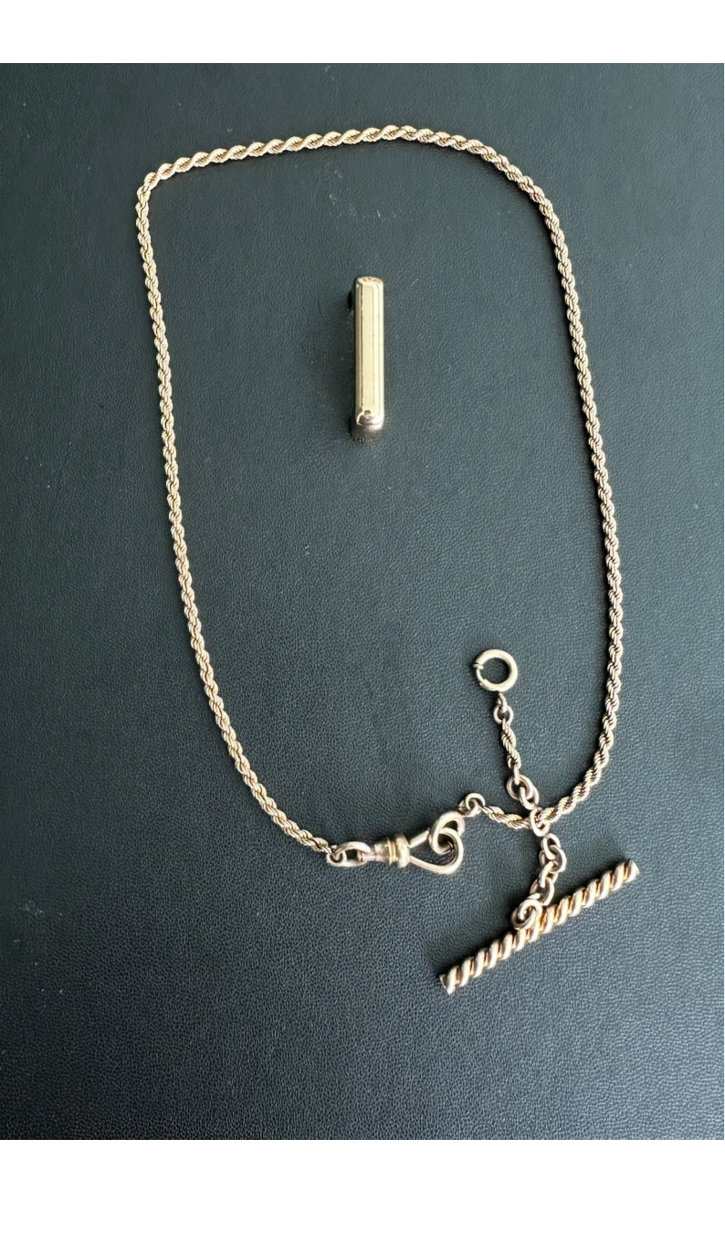 Victorian 10k watch chain with dog clip & Albert bar marked Simmons