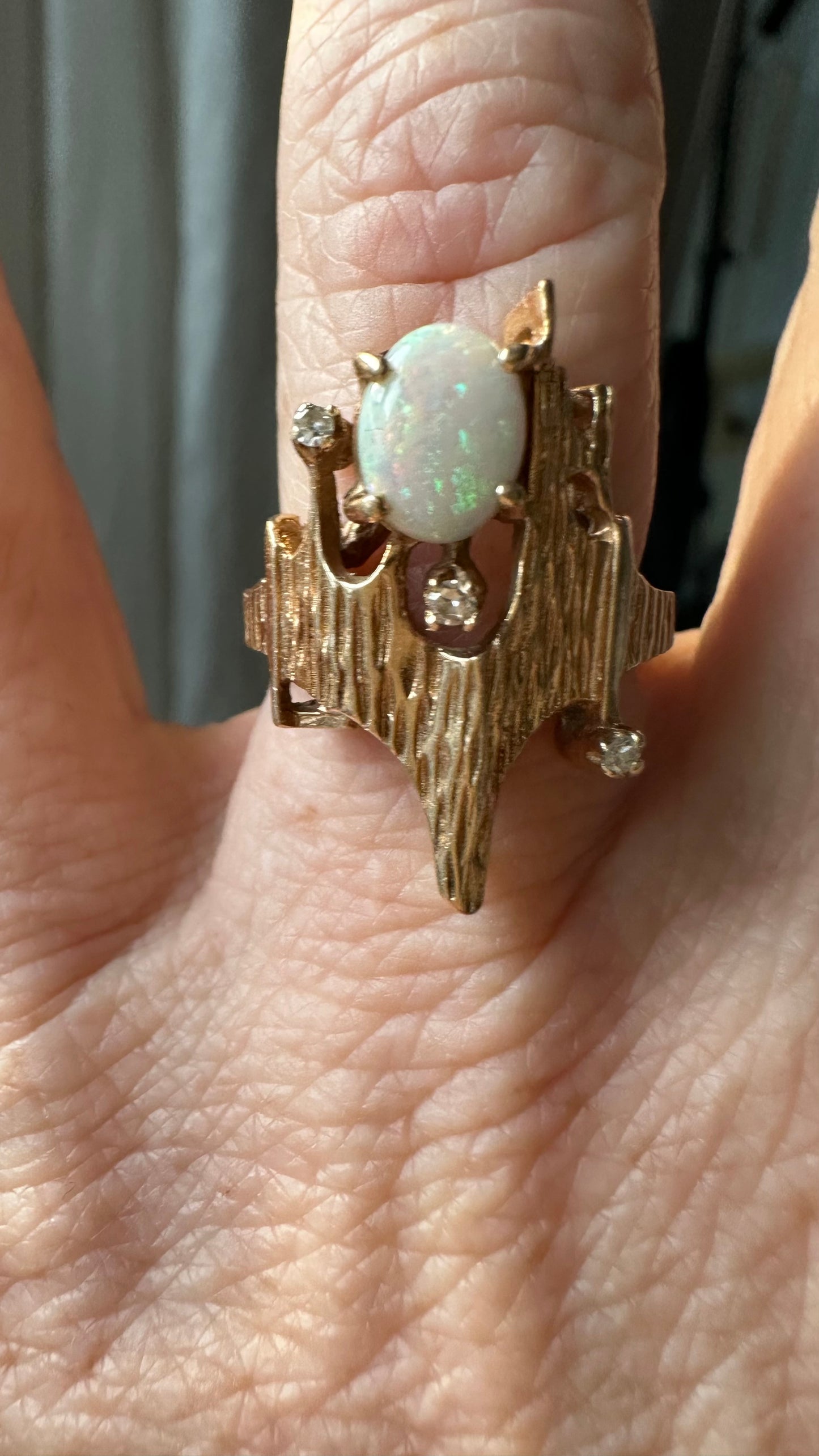 ✨ 14K Gold Opal & Diamond Brutalist Ring | Mid-Century Modern | Size 6