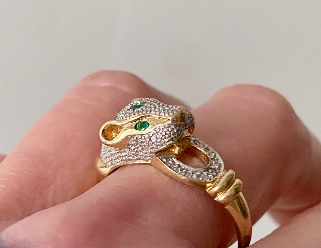 14k diamond and emerald panther ring