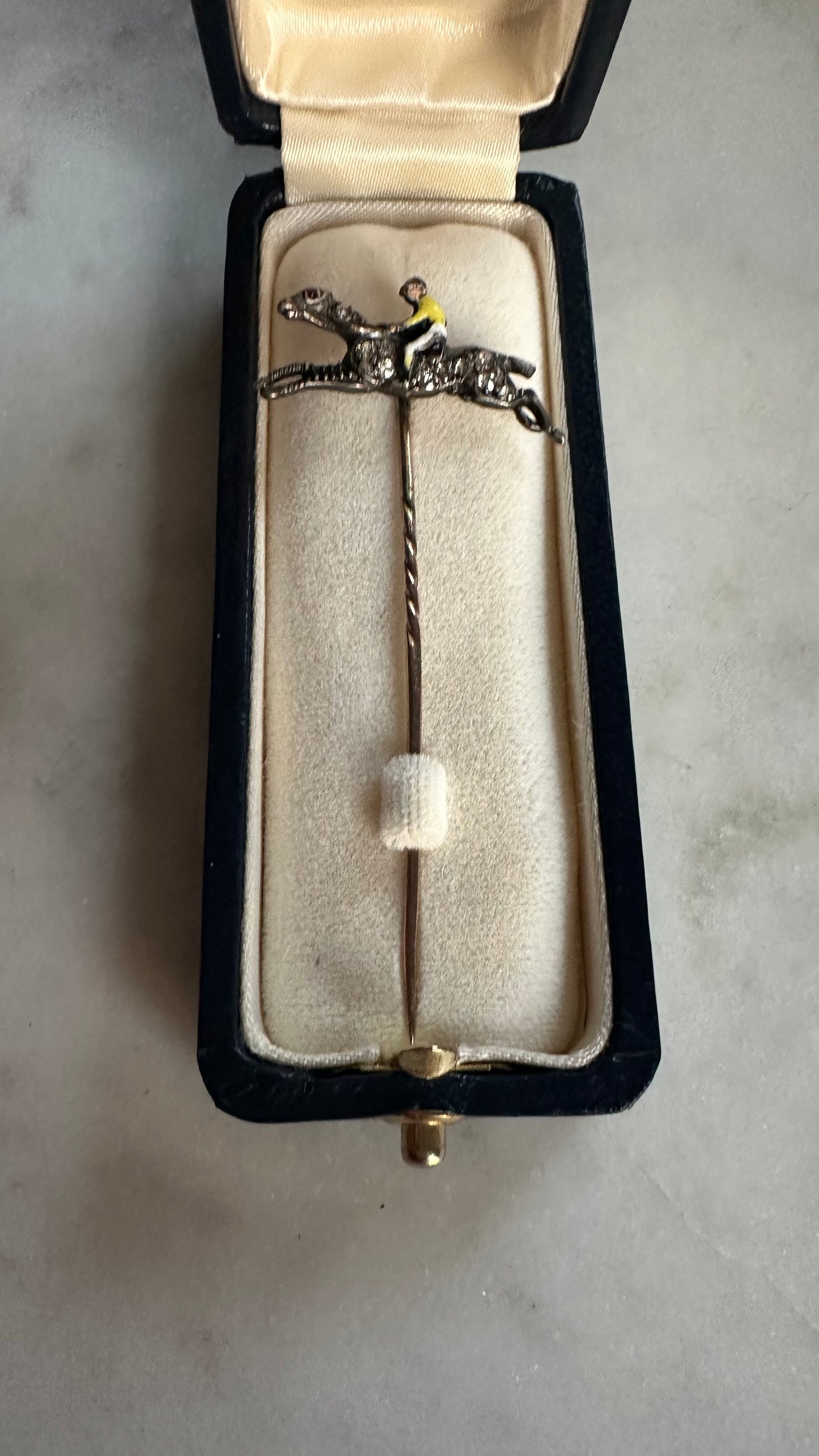 Antique English Diamond Horse & Enamel Jockey Stick Pin | Sterling Silver & 14k & 9K Gold, c.1900