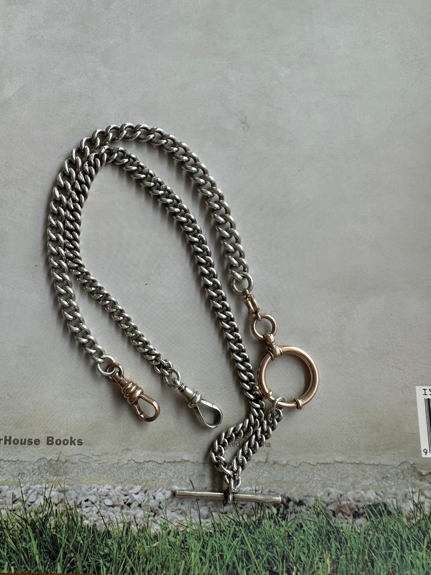 Antique Sterling chubby Albert watch chain with rosey  bolt clasp and dog clip