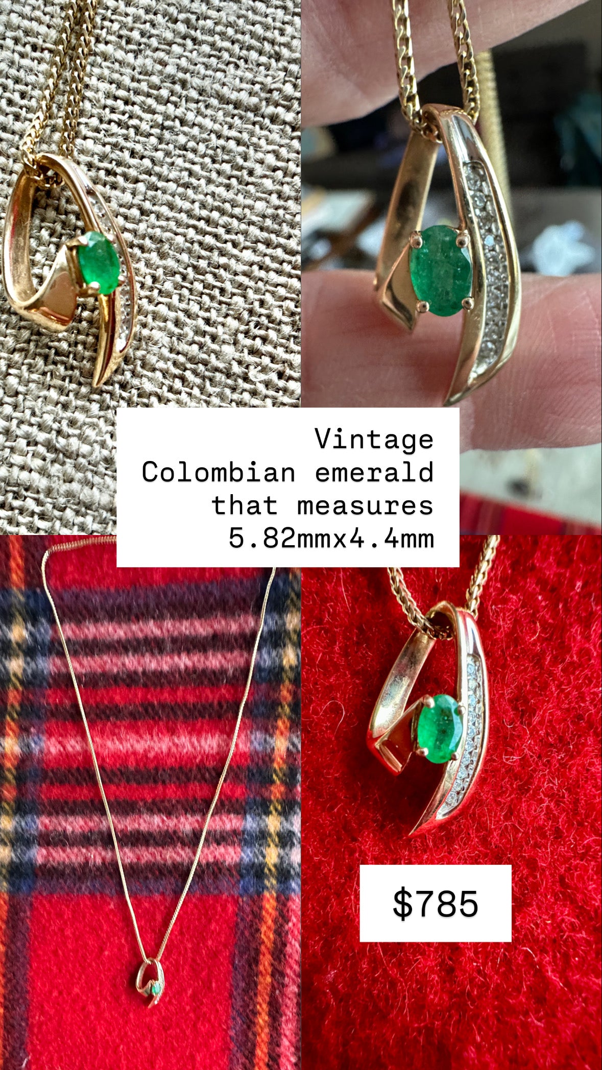 Vintage 14 karat gold emerald, and diamond pendant necklace