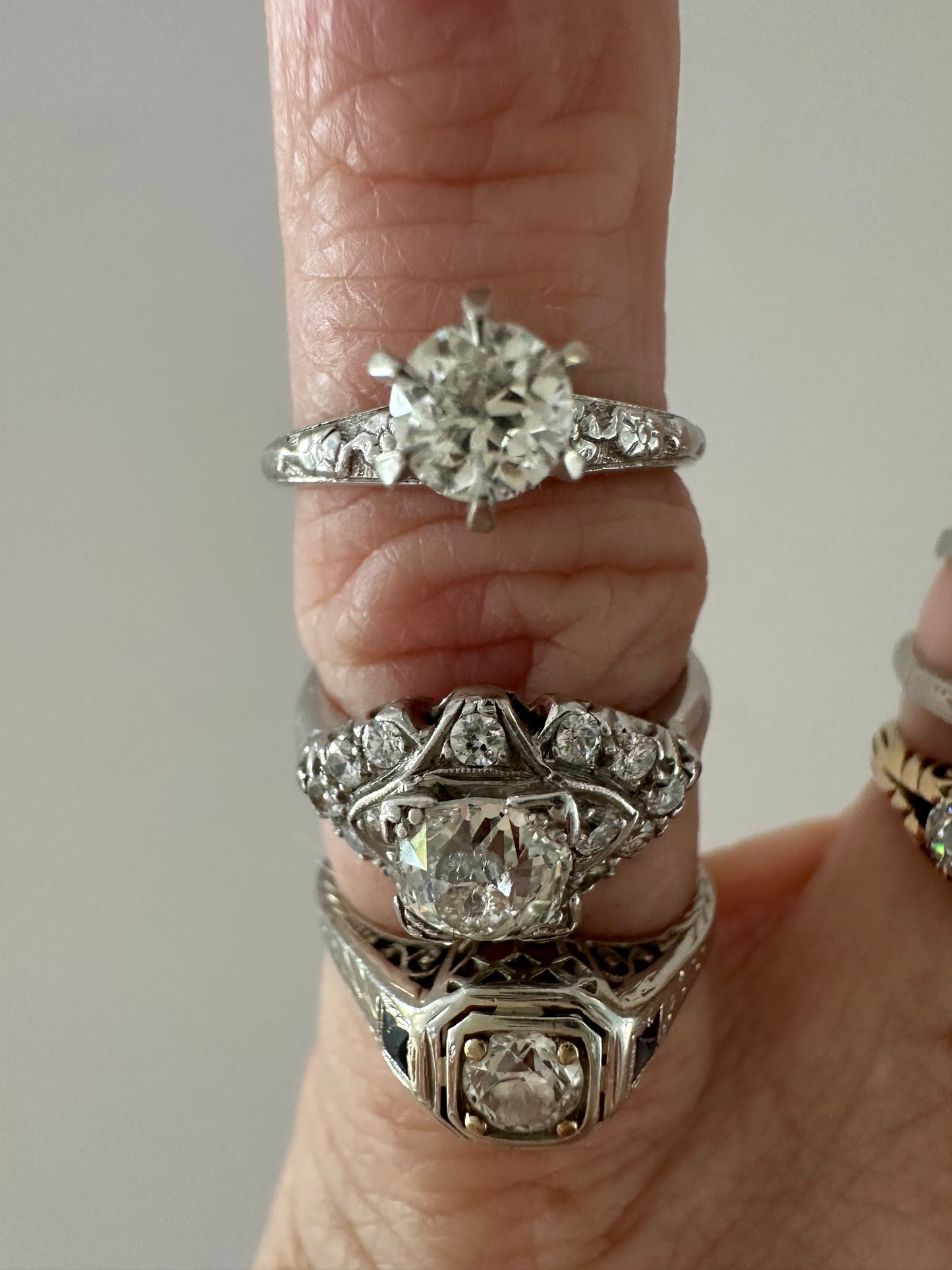Art Deco 18k Forget Me Not OEC Diamond Solitaire with orange blossom band Size 5 please note IG prices less
