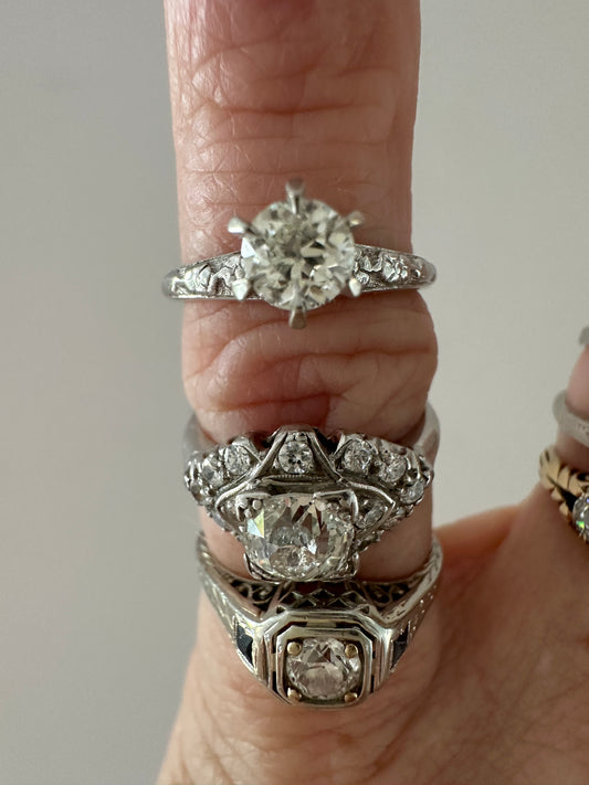 Art Deco 18k Forget Me Not OEC Diamond Solitaire with orange blossom band Size 5 please note IG prices less