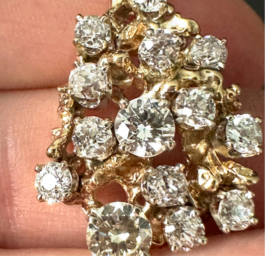 Vintage 3.5 cttw Old cushion , old European and transitional diamonds in a 14k brutalist pendant