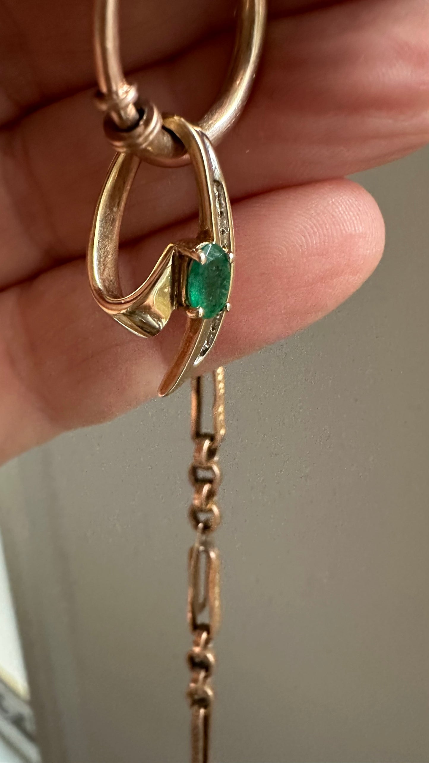 Vintage 14 karat gold emerald, and diamond pendant necklace