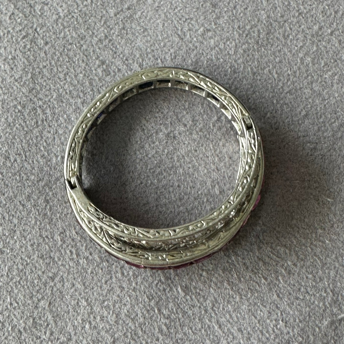 2. Art Deco Platinum Bypass Ring | Size 9 | Diamond, Sapphire & Ruby Calibre-Cut Band | Vintage Cocktail Ring
