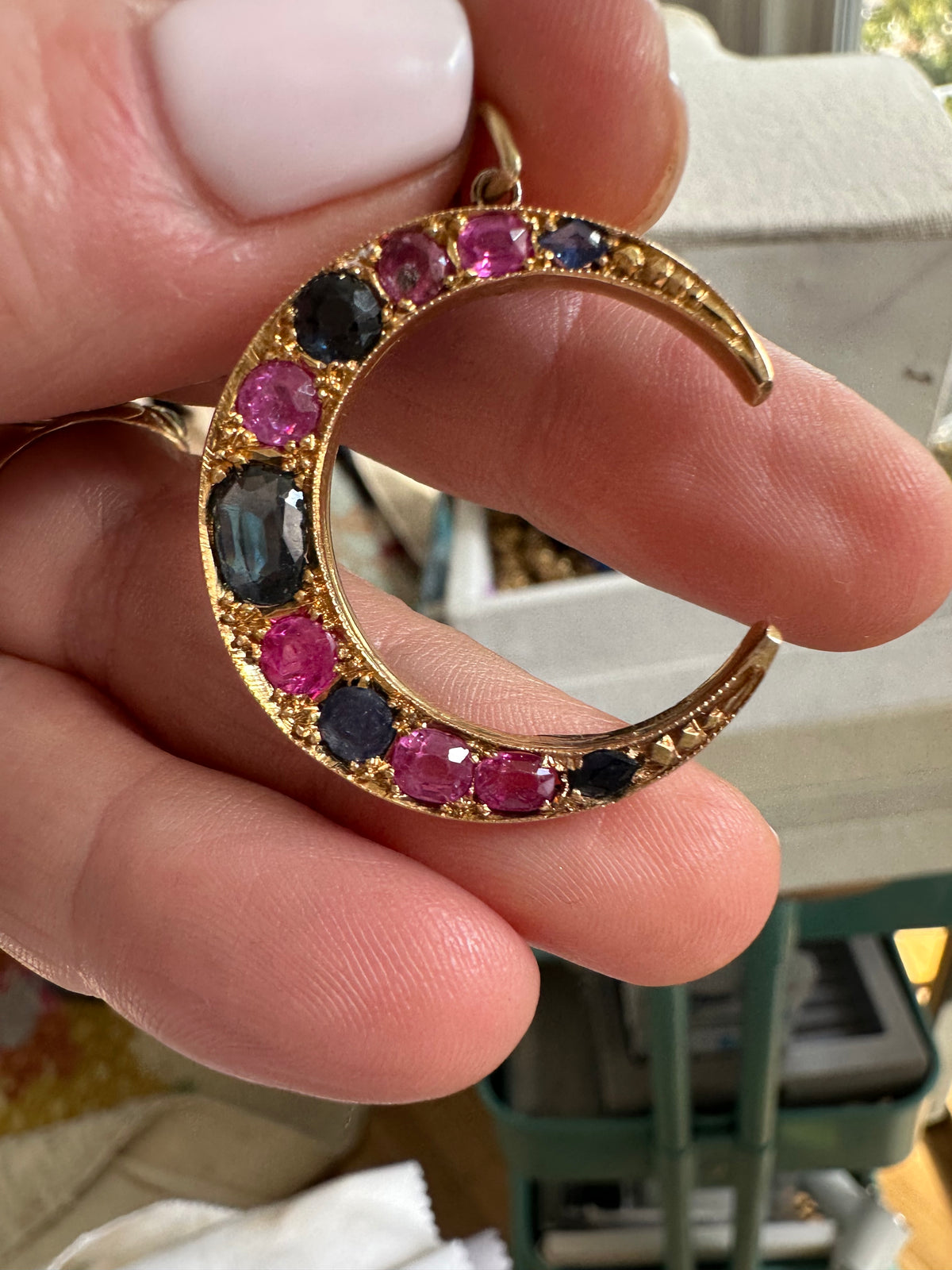 Victorian French 18k sapphire crescent pendant conversion