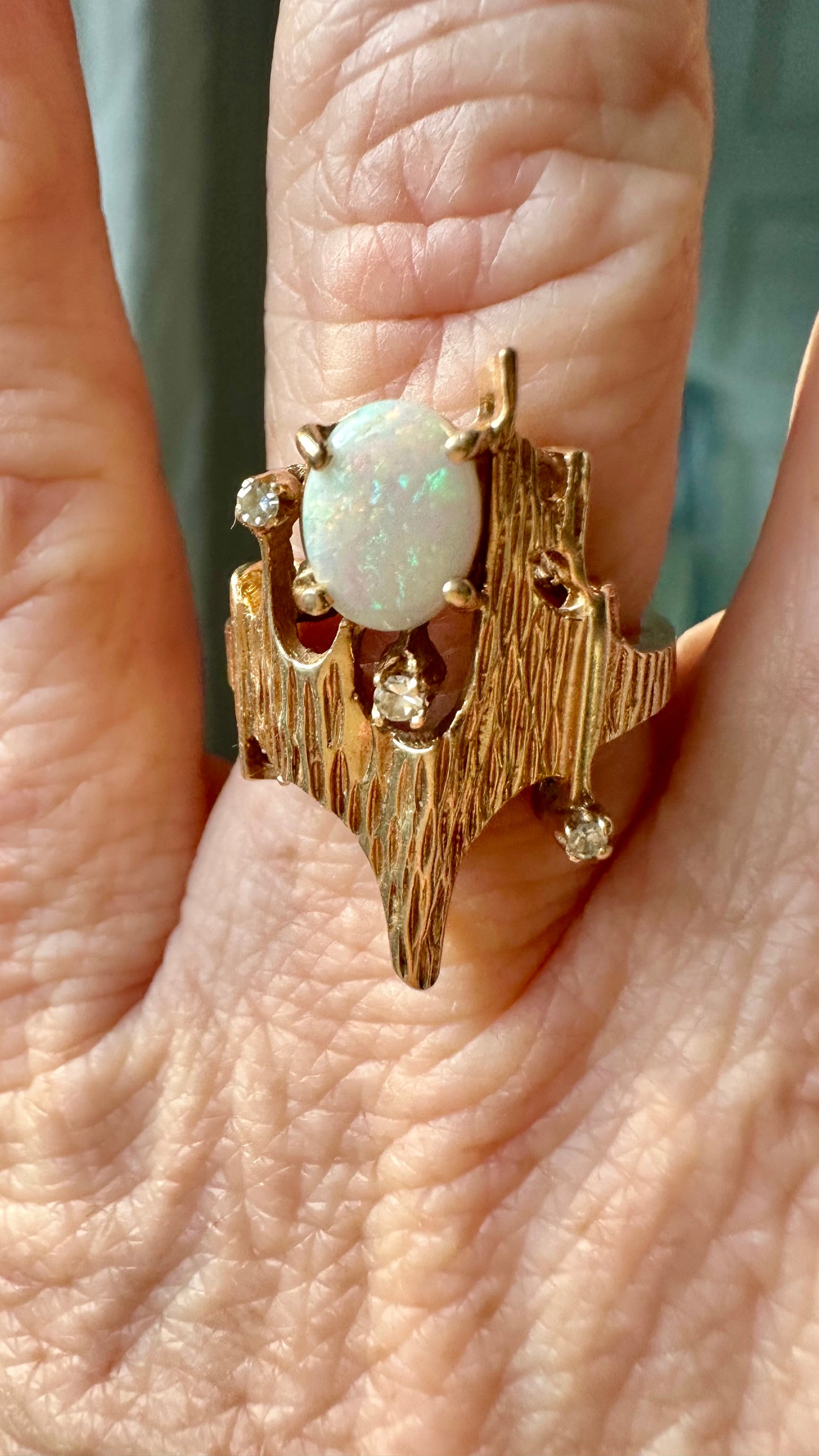 ✨ 14K Gold Opal & Diamond Brutalist Ring | Mid-Century Modern | Size 6