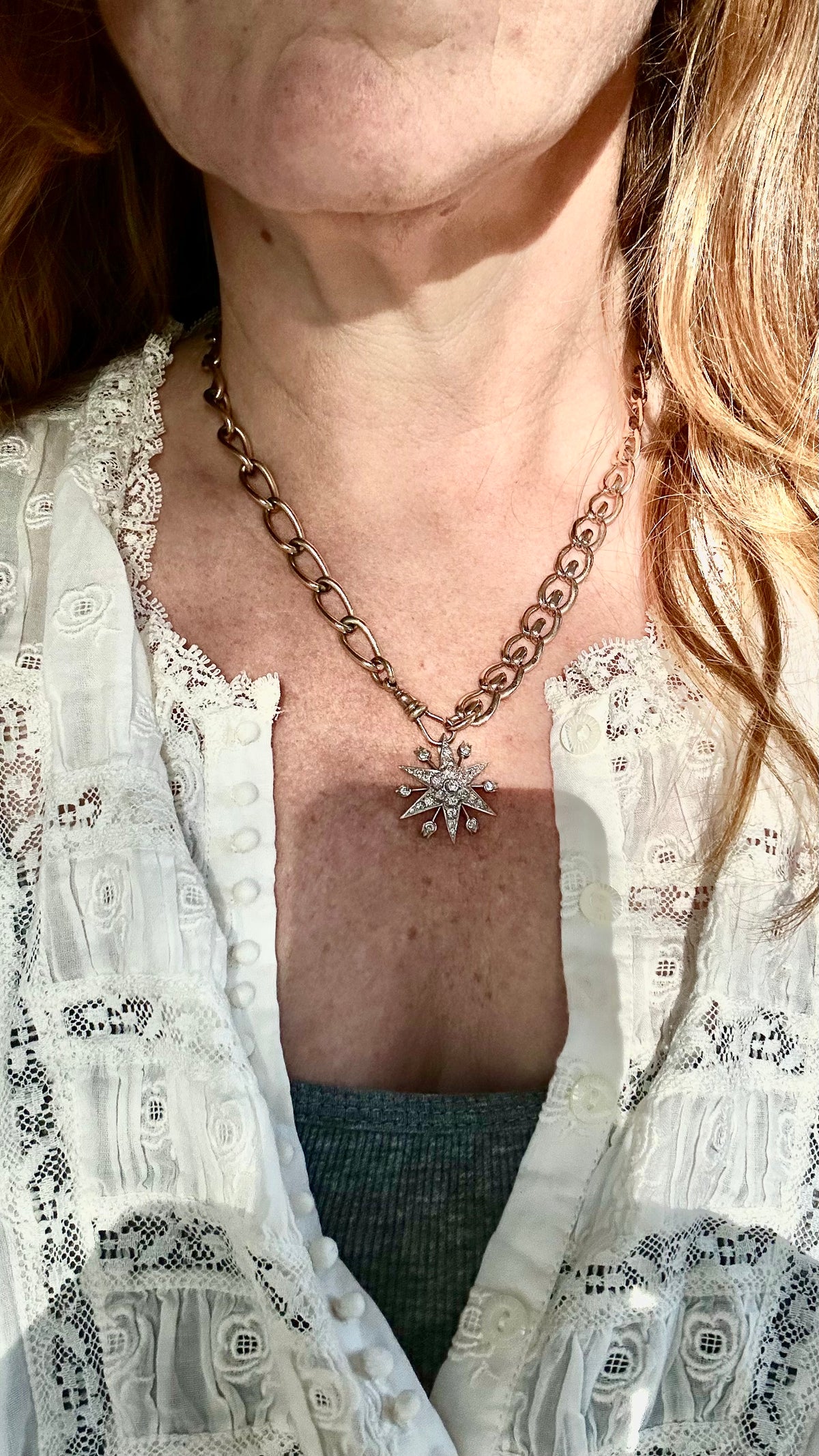 Antique open curb and fancy 9k gold watchchain 19”necklace with T bar and two swivel dog clips 44.5