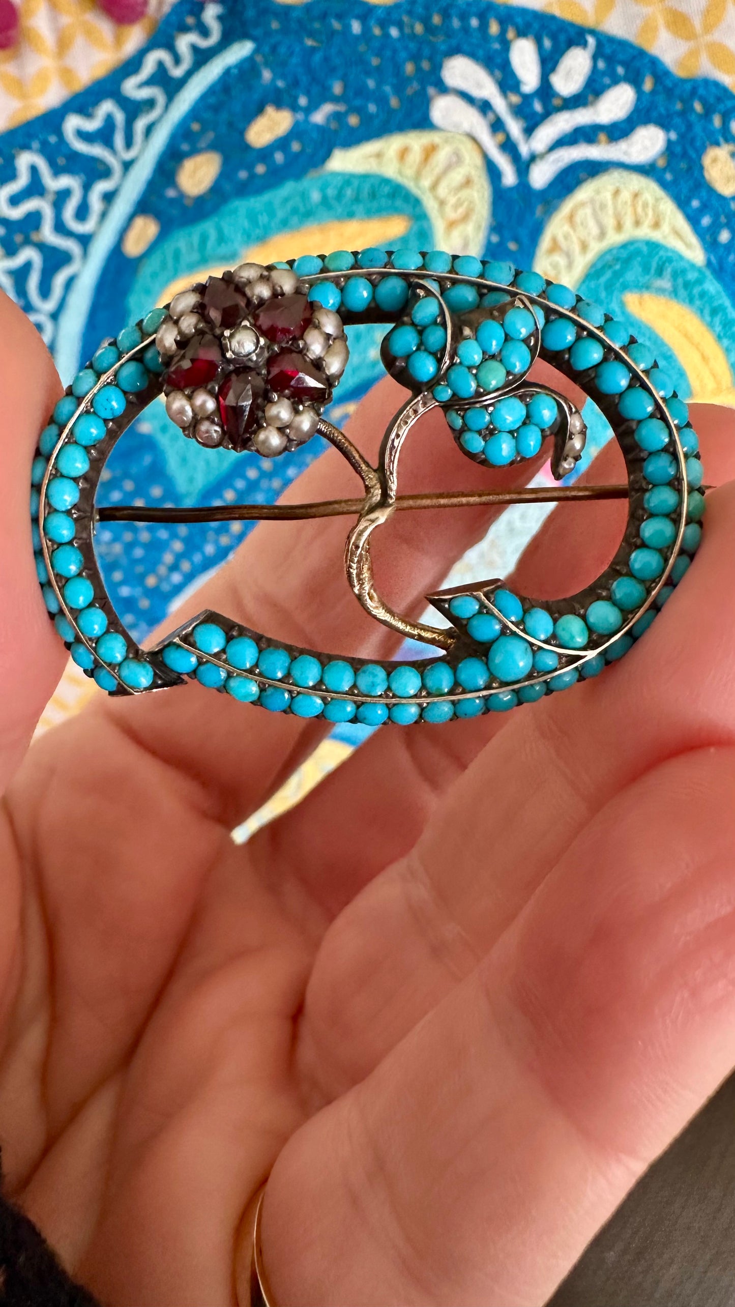 Victorian Gold  Turquoise /Garnet /Pearl Brooch-