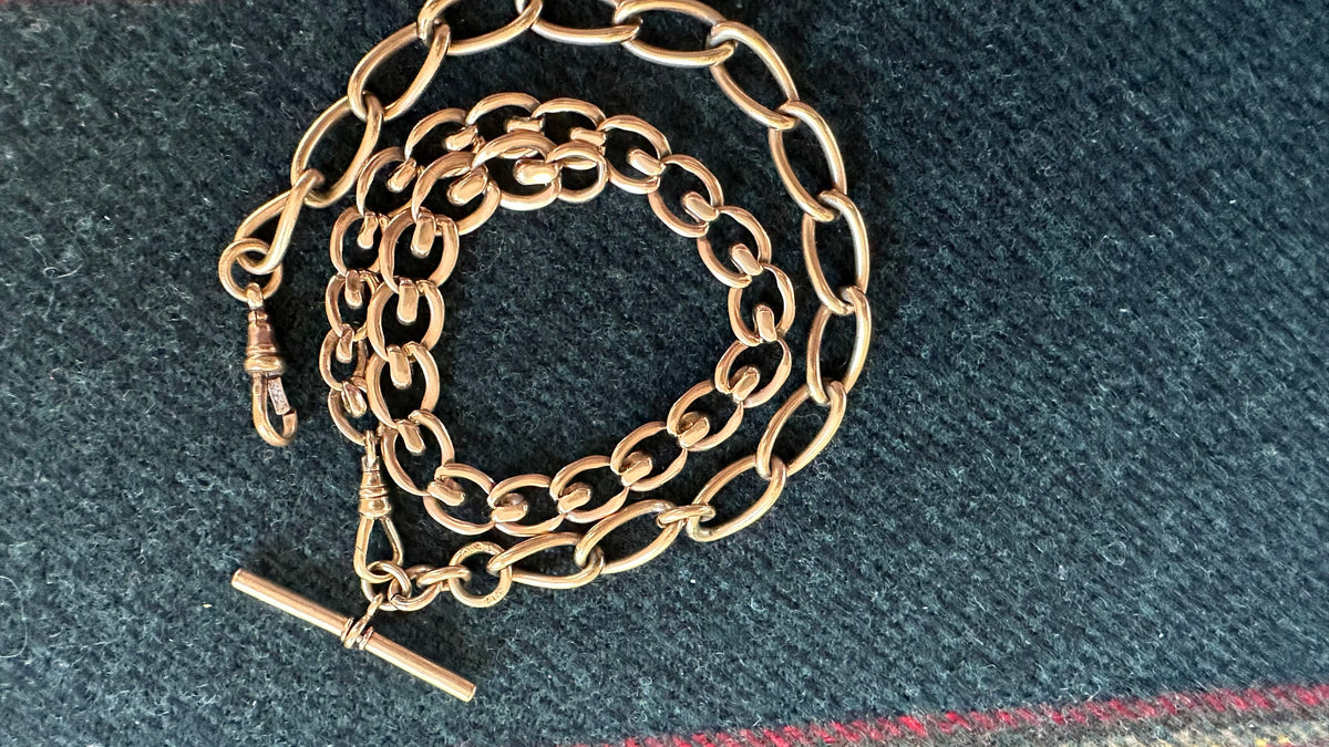 Antique open curb and fancy 9k gold watchchain 19”necklace with T bar and two swivel dog clips 44.5