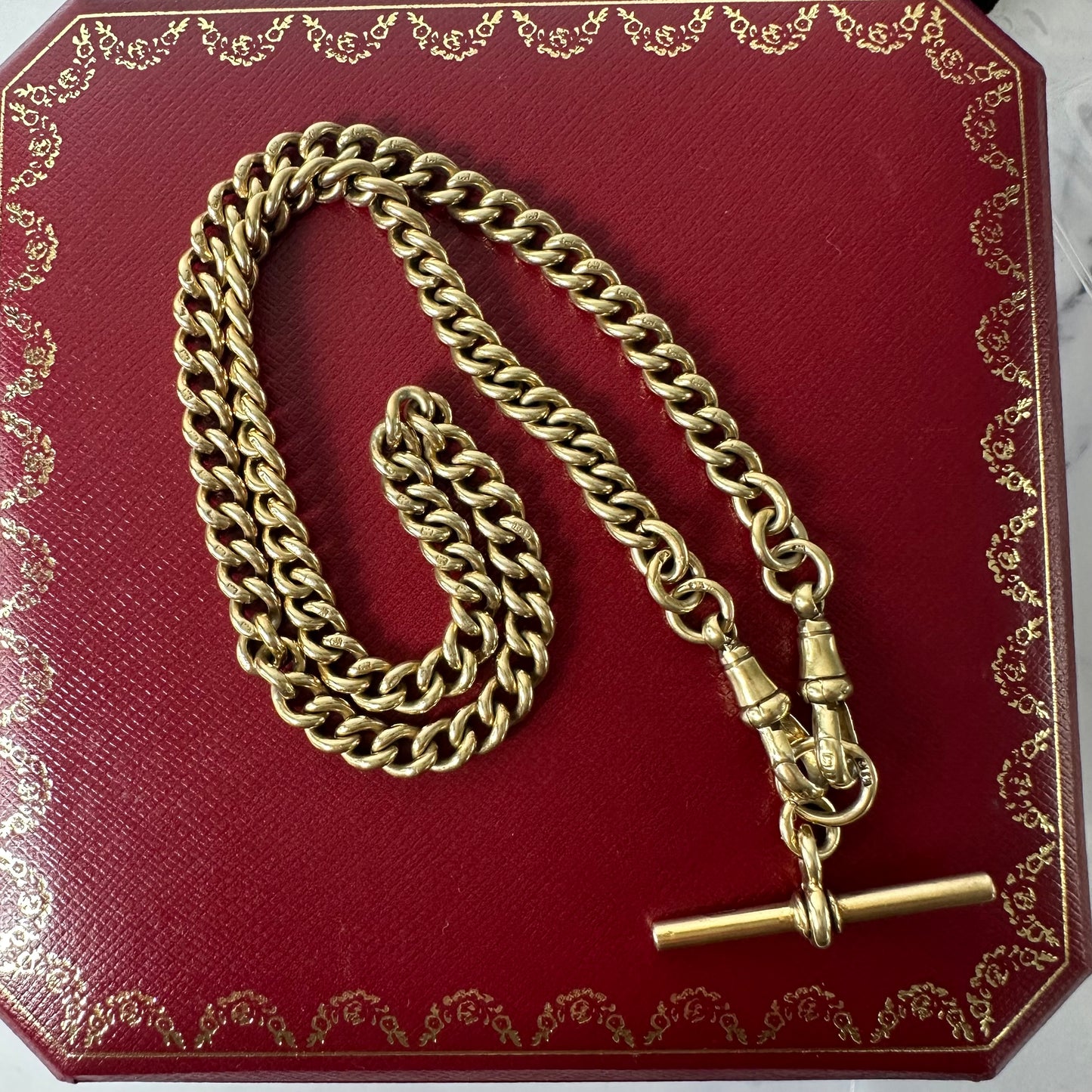 Antique curb albert watch chain 16.5”9k hgp over antique Passat stamped sterling