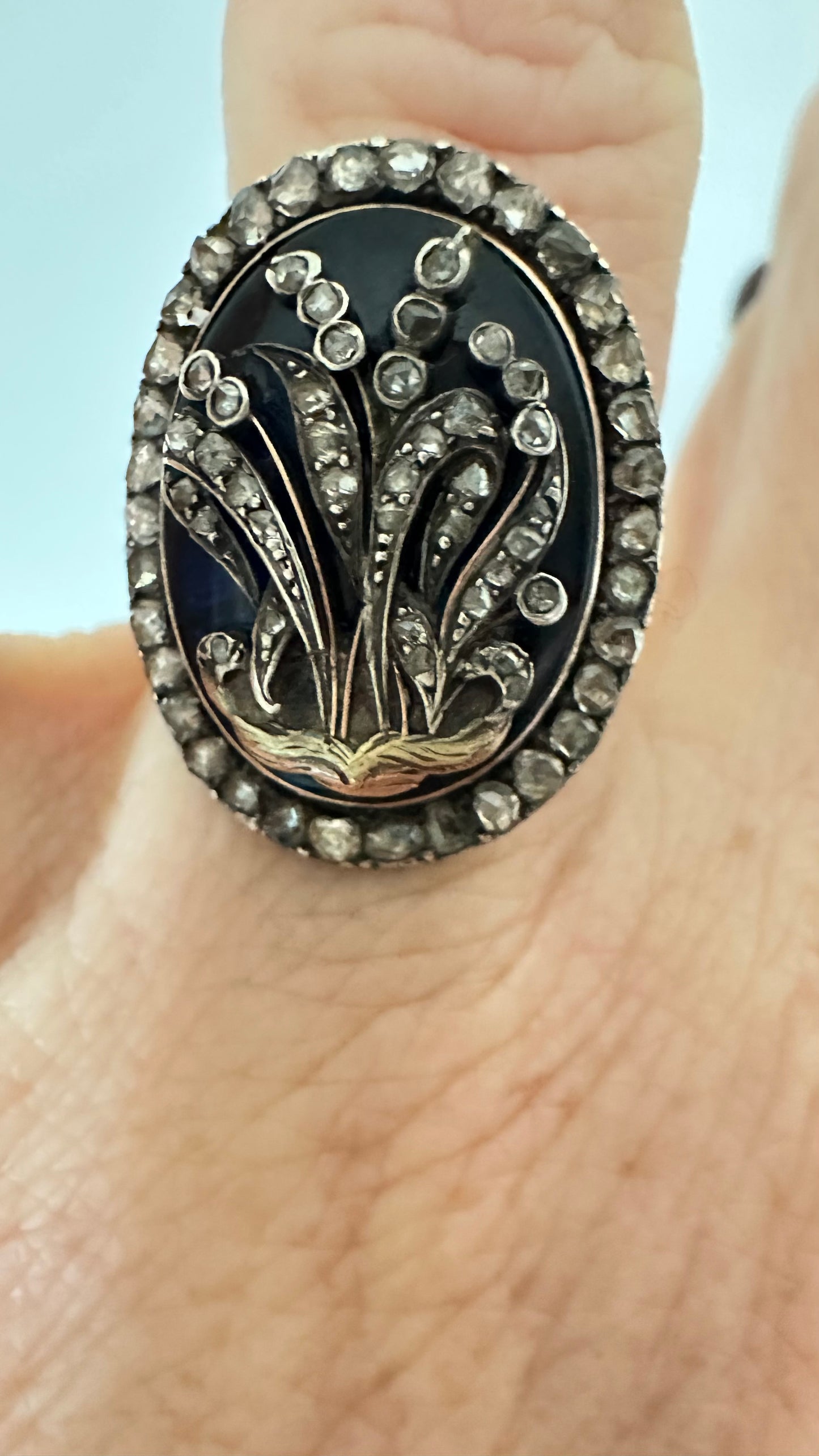 ANTIQUE Georgian 18K GOLD, SILVER, DIAMOND AND BLUE BRISTOL GLASS RING
